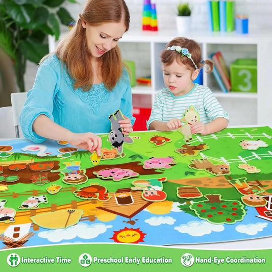 Juego de mesa de fieltro con animales de granja para contar historias, kit de juego interactivo de aprendizaje temprano, juguetes rompecabezas para colgar en la pared para niños pequeños, regalos