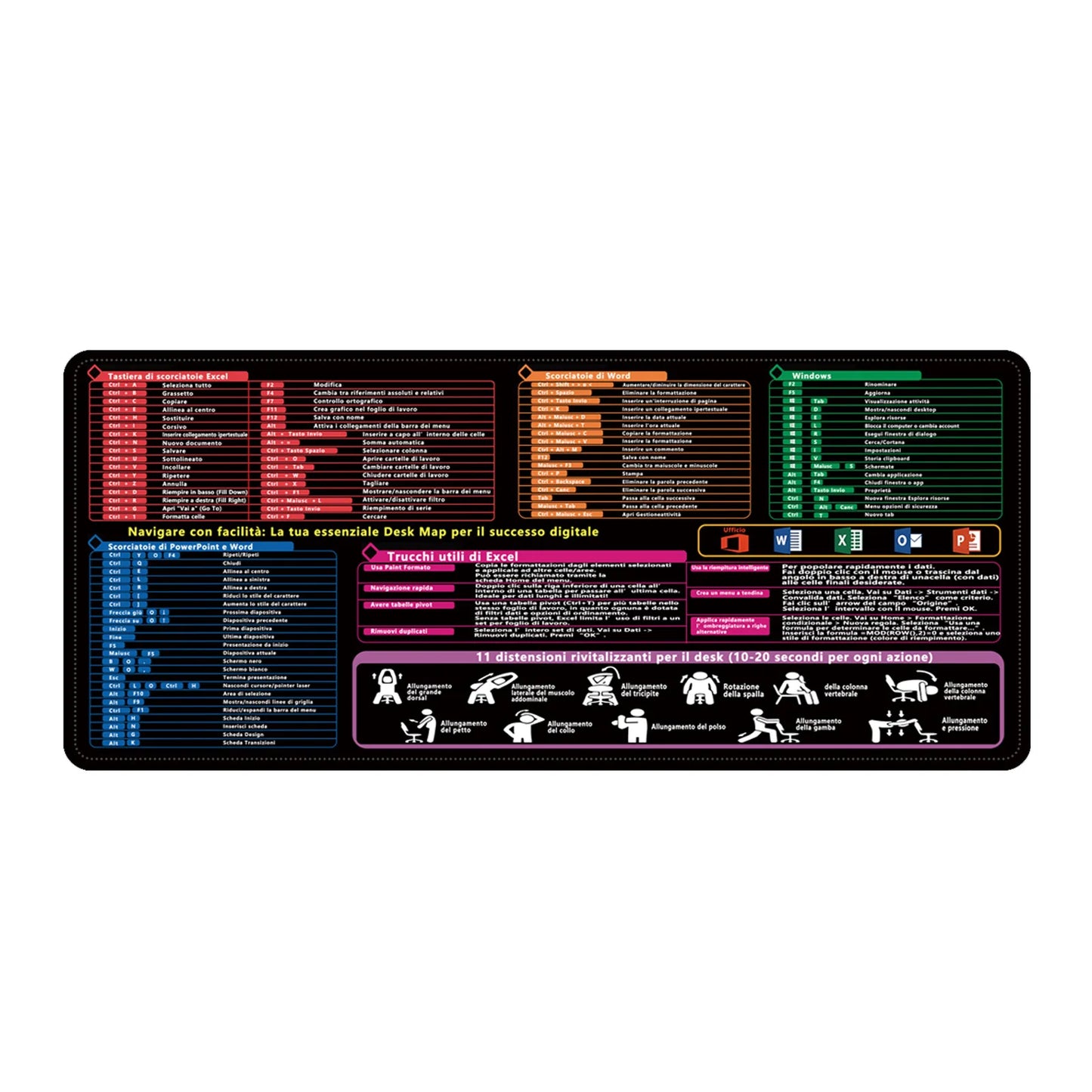Italian Version Excel/Word/Windows/PPT Cheat Sheet Mouse pad, Computer Keyboard Pad for Office Workers Students Office Desk Mat