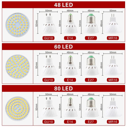 MR16 GU10 E27 E14 LED Spotlight Bulb 220V Lampadas LED Lamp 48 60 80 LED 2835 SMD Lampara Spot Light Cold/Warm White