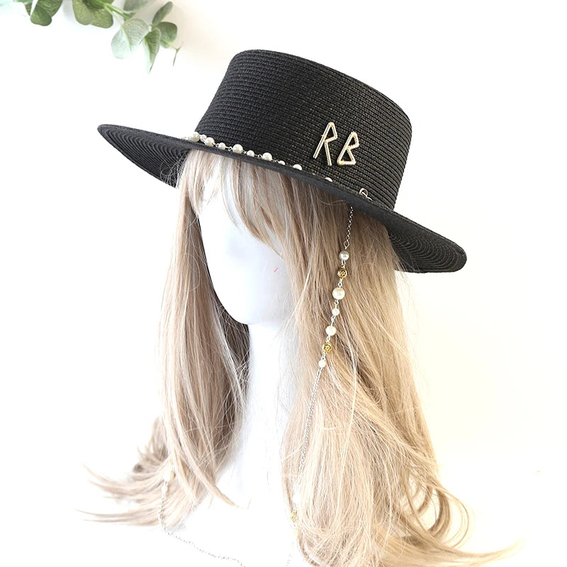 New Women Summer Hats, Straw Sun Hat, Panama Elegant Straw Fedoras Lady Girl Outdoor Vacation with Pearl Chain Sunshade Beach Hat