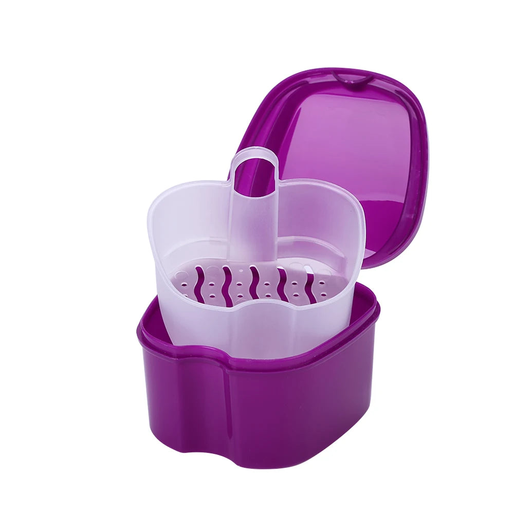Denture Bath Box, Organizer, Dental False Teeth Storage Box with Hanging Net Container Cleaning Teeth Cases, Artificial Tooth Boxes