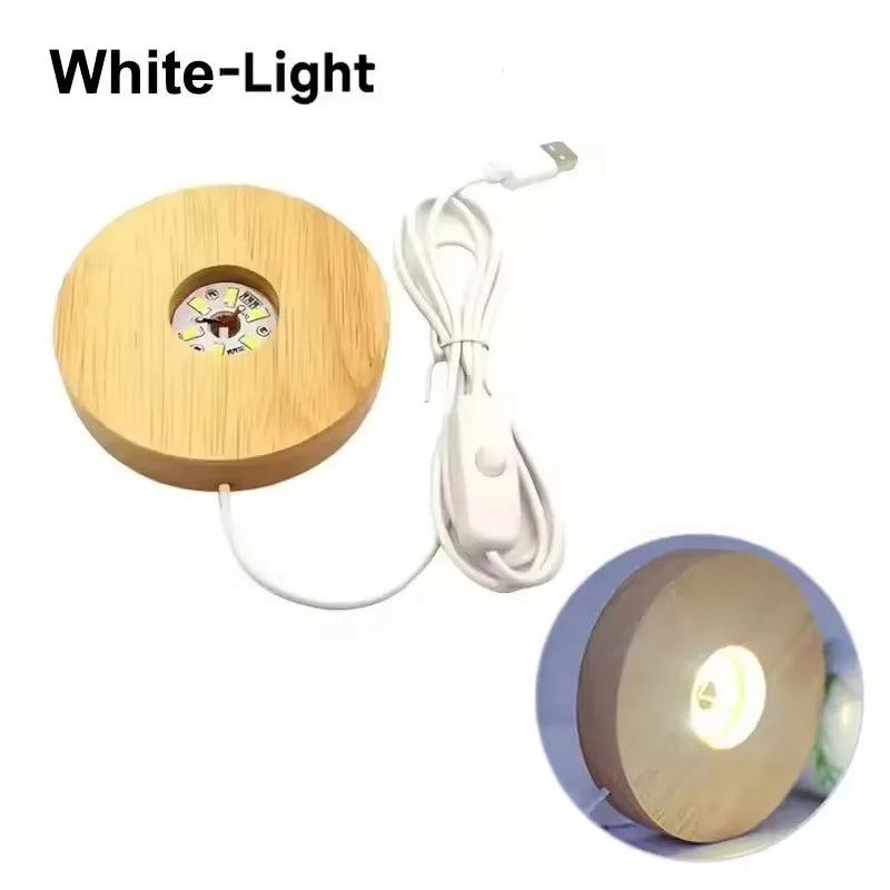 Battery Operated 8/10cm Round Wooden LED Light Dispaly Base Stand, Night Lamp Base, Crystal Glass Resin Art Ornaments