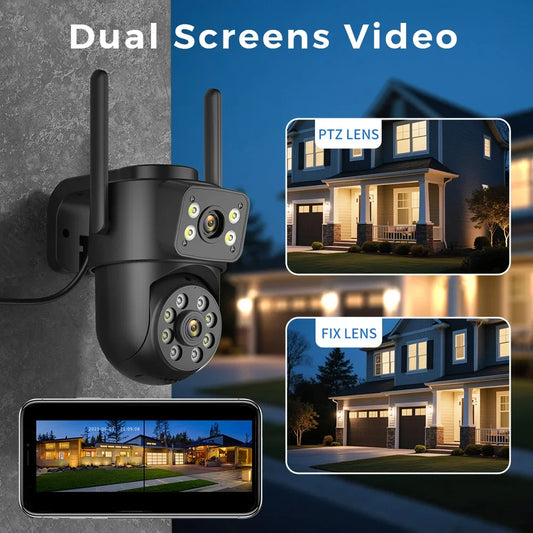 Cámara Wifi Exterior 8MP 4K Doble Lente Doble Pantalla Negra Cámara de Vigilancia Visión Nocturna Detección Humana Cámara de Seguridad ICsee