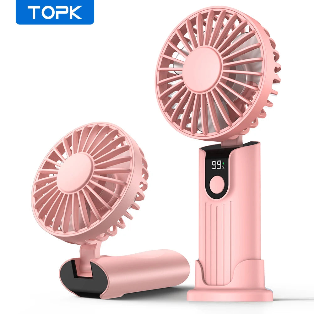 TOPK 5000mAh Mini Portable Fan USB Rechargeable Hand Held Fan,Small Pocket Fan 3 Speeds with Lanyard &Base, USB Desk Fan Foldable