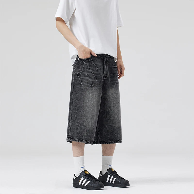 American Lightning Crack Black Grey Jeans, Men's Straight Tube Loose Wide Leg Shorts, Y2k Street Hip Hop Sevens
