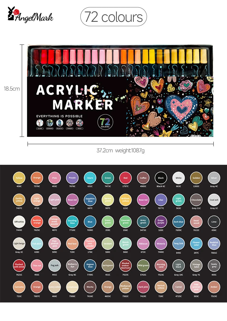 Acrylic Marker Pen, Double Headed Waterproof Art Painting Supplies, School Stationary, Graffiti Drawing 12-72 Colors, ANGEL MARK