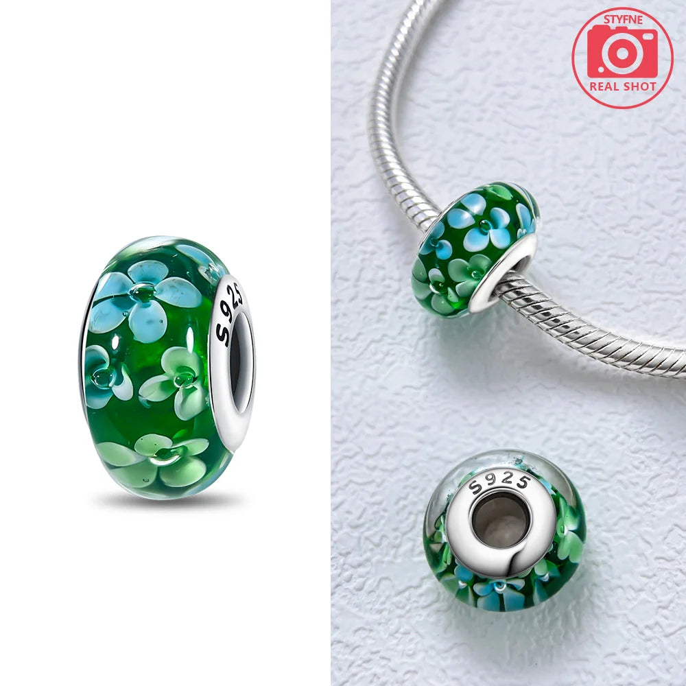 Original Certified Pink Glass Bead Blue Romantic Beads Fit Bracelet Charms 925 Sterling Silver Women Diy Jewelry Making