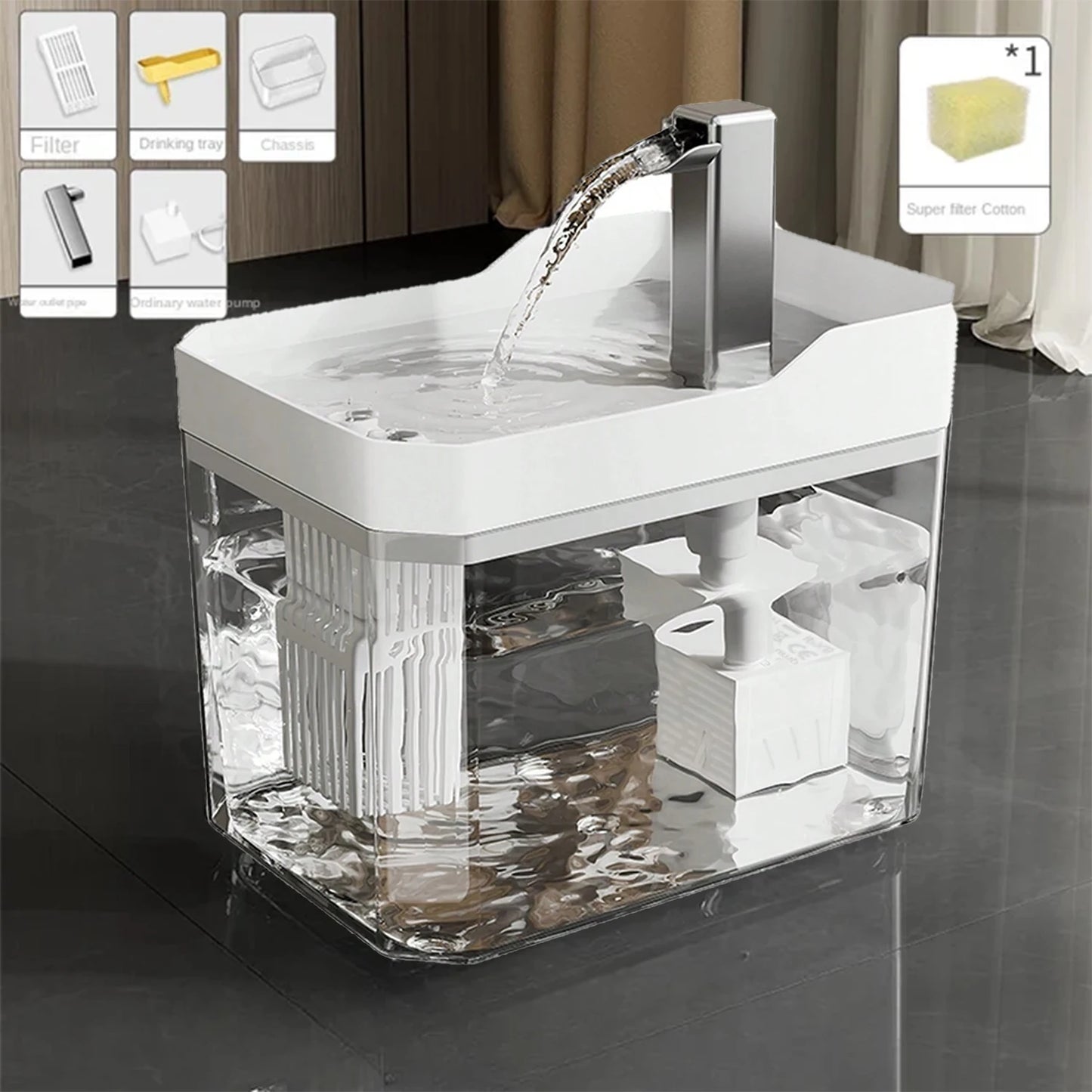 Cat Water Fountain, Auto Filter Transparent Cat Drinker, USB Anti-Dry Burning Recirculate Filtering Water Dispenser with Pump