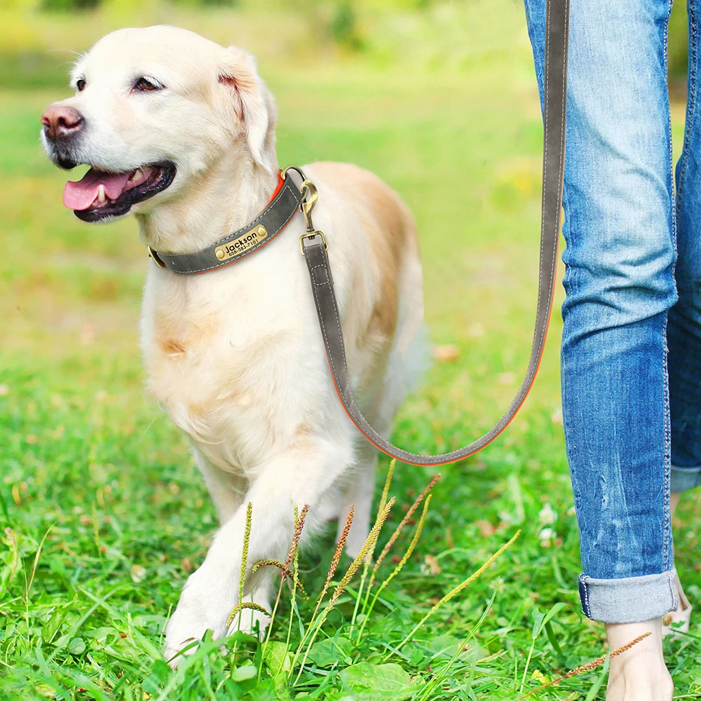 Customized Leather Dog Collar Leash Set, Soft Padded Leather Collar For Small Medium Large Dogs With Free Engraved Nameplate