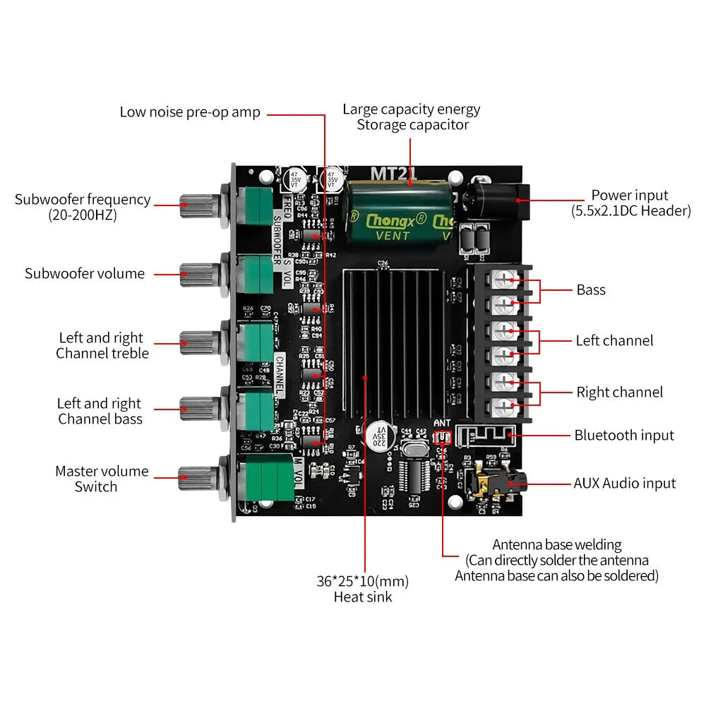 2.1 Channel Bluetooth 5.0, 2.1 Subwoofer Amplifier Board, 50W X 2+100W Power Audio Stereo Amplifier Board Bass AMP AUX