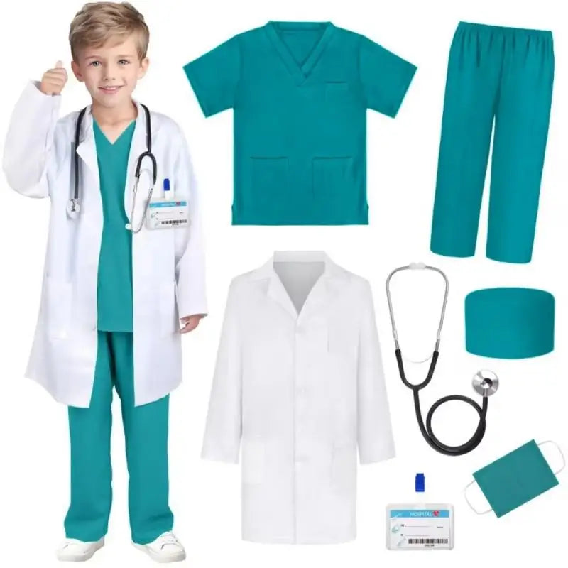 7PCS Unisex Doctor Nurse Costume Set for Role Play Pink/Green/Blue Medical Scrubs with Stethoscope Halloween Dress Up Clothes