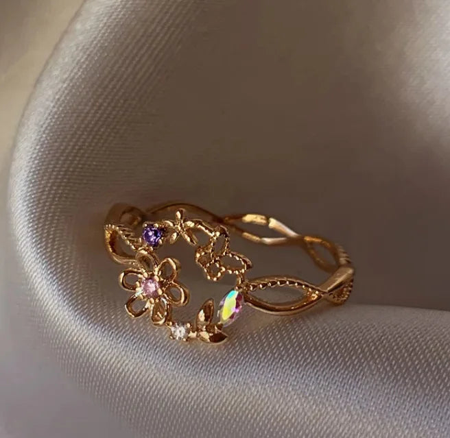 New Cute Colorful Zircon Flower Ring For Women Girl, Fashion Vintage Zircon Adjustable Rings, Jewelry Gift