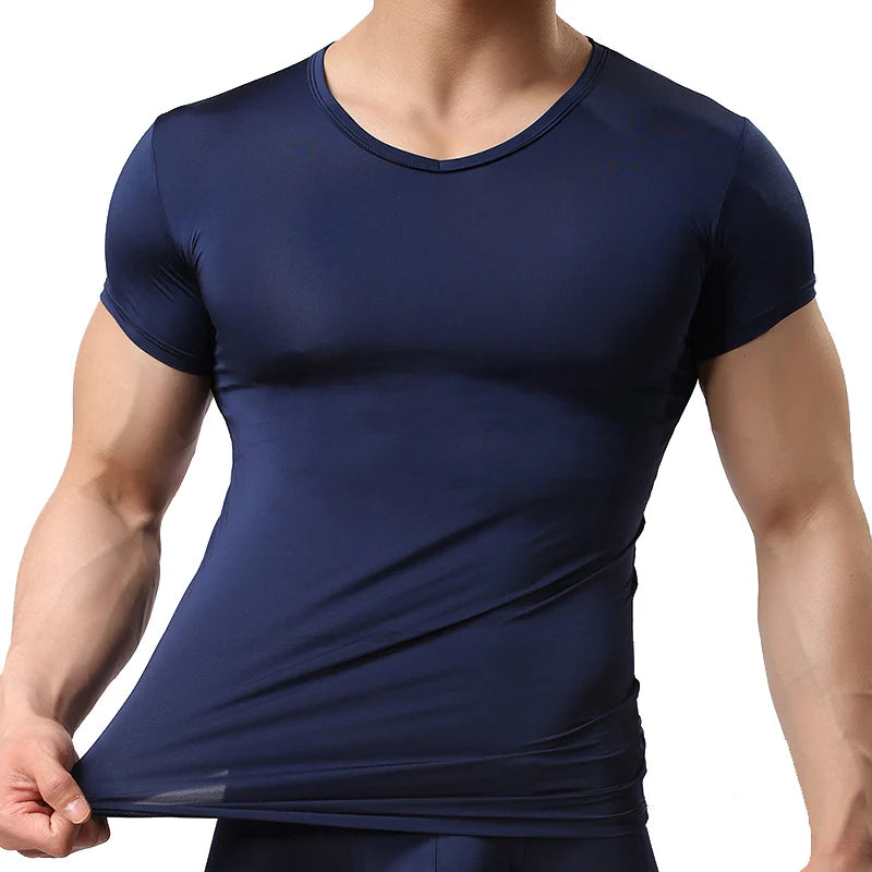 Ice Silk T-Shirt for Men Summer Breathable Short Sleeve Tops Men's Quick Dry T-shirt Trainer Slim Tops
