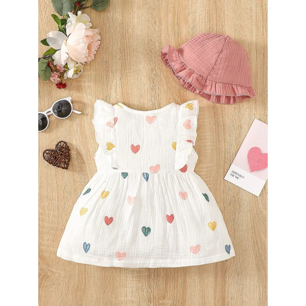 2Pcs, Dress Clothes Set, Newborn Baby Girl Love Print Sleeveless Dress With Hat Summer Fashion Cute Wear for Infant Girl 0-9Months