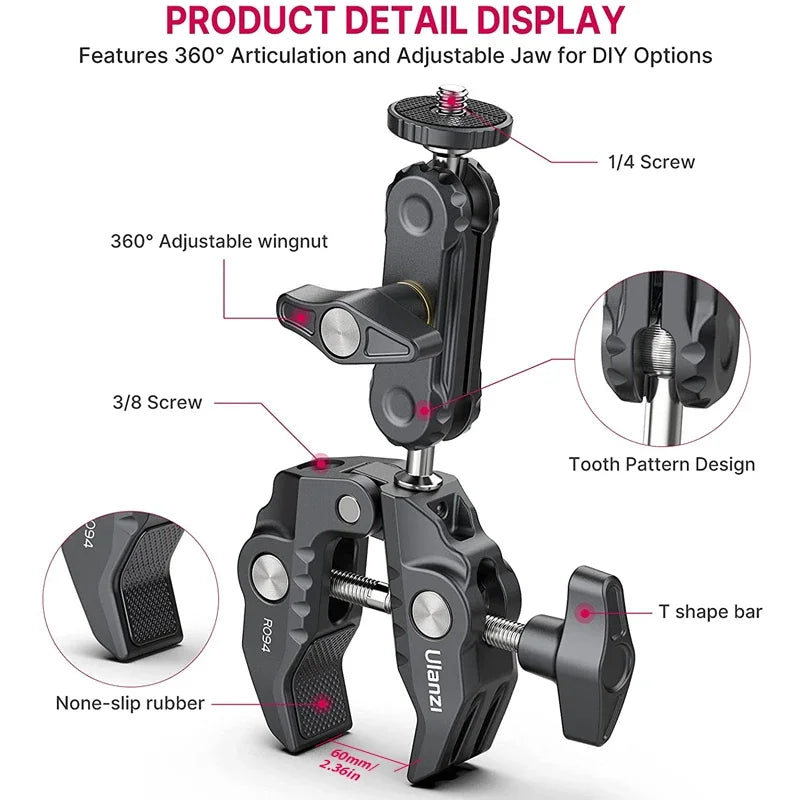 Metal Super Clamp with Double Ball Head, Magic Arm Clamp with 1/4" 3/8" Hole for DSLR Camera Monitor Light Mic Mount, Ulanzi R094