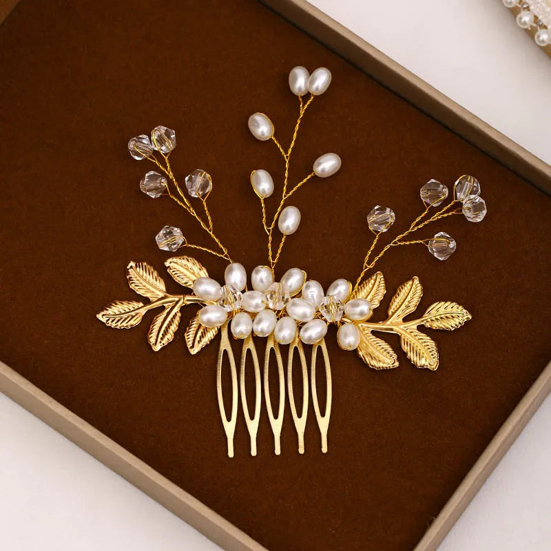 Crystal Pearl Hair Comb Clip Pin Alloy Leaf Hair Comb Handmade Headband Tiara For Women Bride Wedding Hair Accessories Jewelry