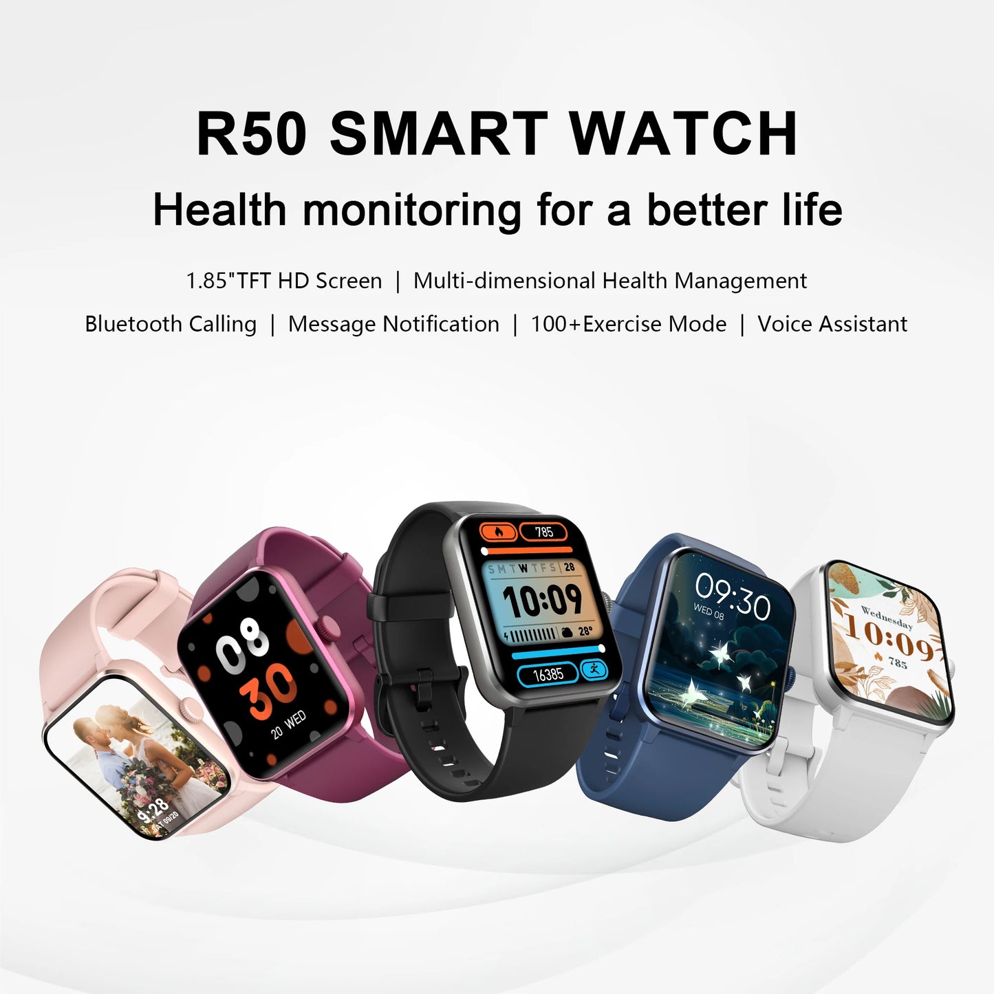 Blackview R50 Smart Watch, Heart Rate Monitor 1.85'' HD Screen, 100+ Sport Modes, Men Women, Outdoor Watch for IOS Android