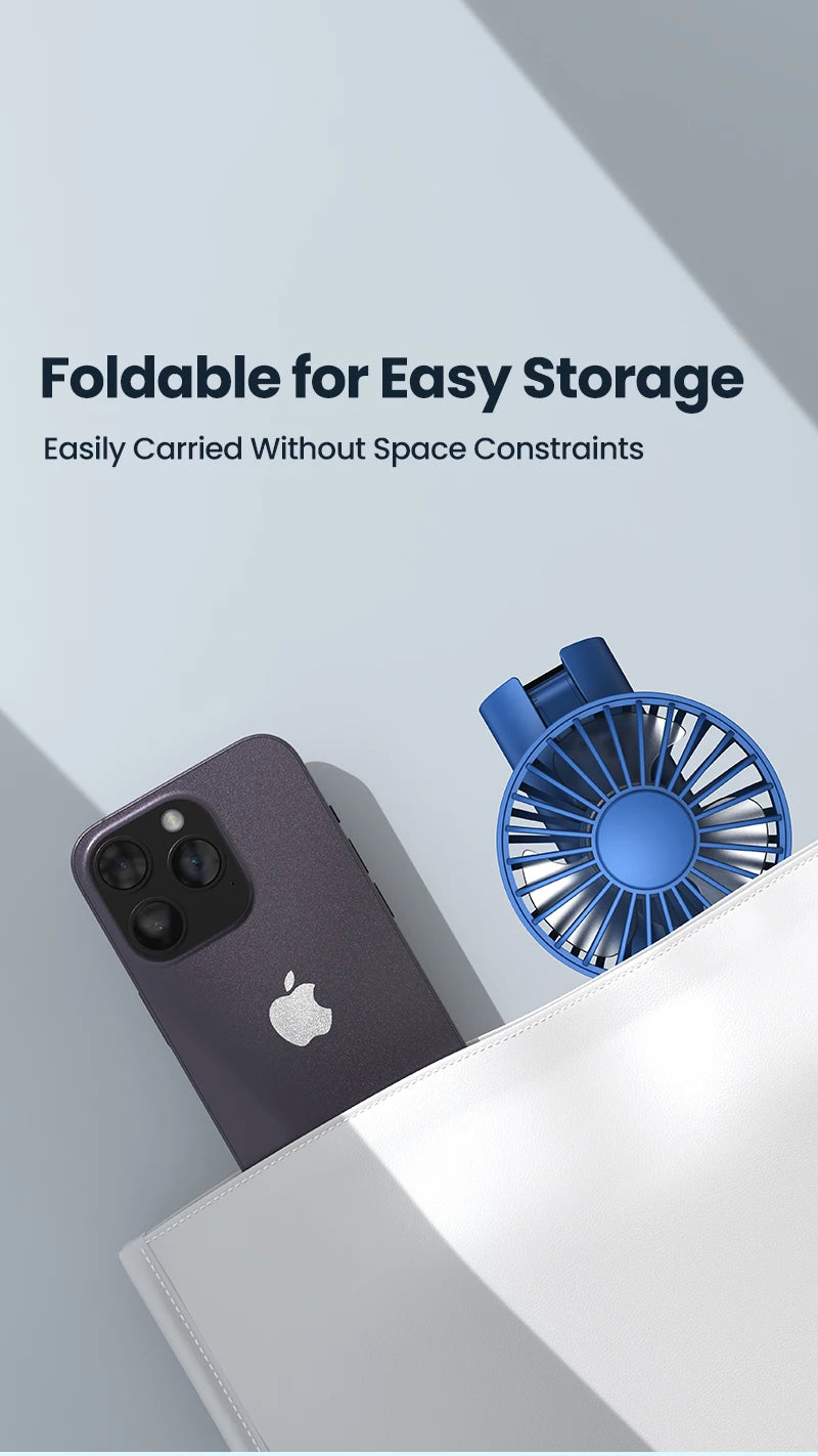 TOPK 5000mAh Mini Portable Fan USB Rechargeable Hand Held Fan,Small Pocket Fan 3 Speeds with Lanyard &Base, USB Desk Fan Foldable