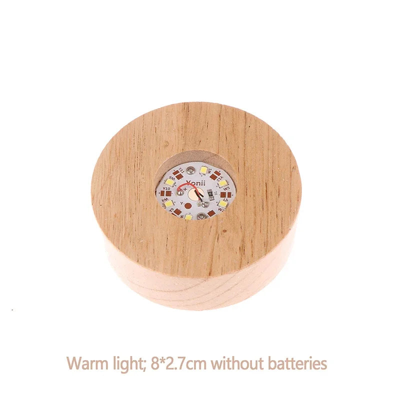 Battery Operated 8/10cm Round Wooden LED Light Dispaly Base Stand, Night Lamp Base, Crystal Glass Resin Art Ornaments