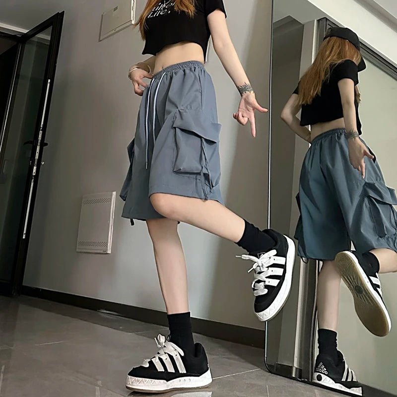 Women High Waist Cargo Shorts, American Style Streetwear, Summer Wide Leg Pants, Fashion Female Big Pocket Loose Shorts New, ZOKI
