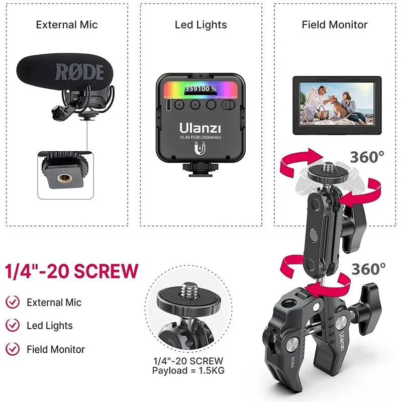 Metal Super Clamp with Double Ball Head, Magic Arm Clamp with 1/4" 3/8" Hole for DSLR Camera Monitor Light Mic Mount, Ulanzi R094