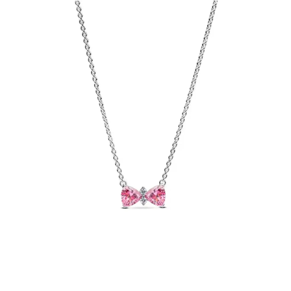 New 925 Silver bow Heart-shaped Ring Necklace, Suitable for Valentine's Day, Holiday Gifts for Women, DIY High-end, Fashion Jewelry