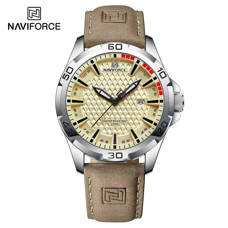 Men Fashion Quartz Watches, Male Leather Strap Sport Waterproof Wristwatches, Calendar Clock, Relogio Masculino, NAVIFORCE