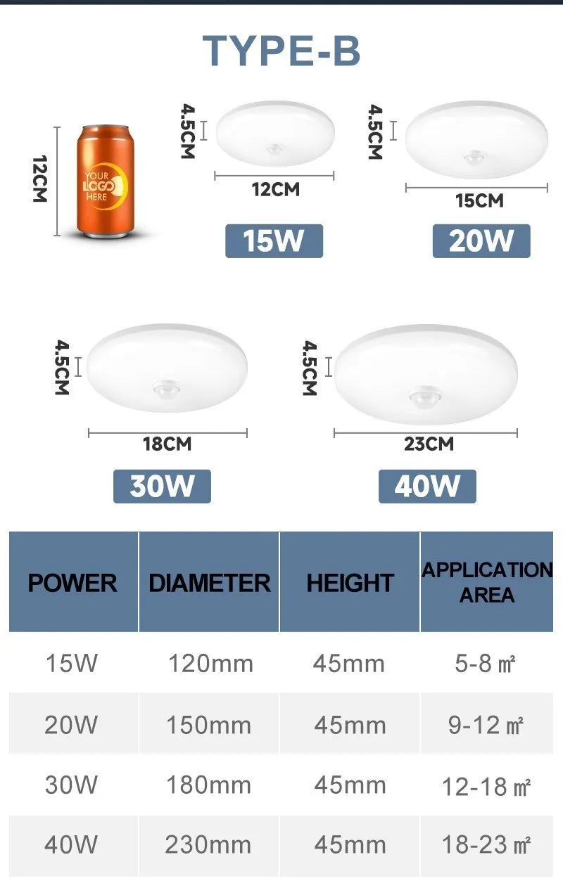Led Ceiling Lamp With Motion Sensor, 40W 30W 20W 18W 15W 12W, Led Ceiling Light Fixtures For Entrance Balcony Corridor 110V 220V
