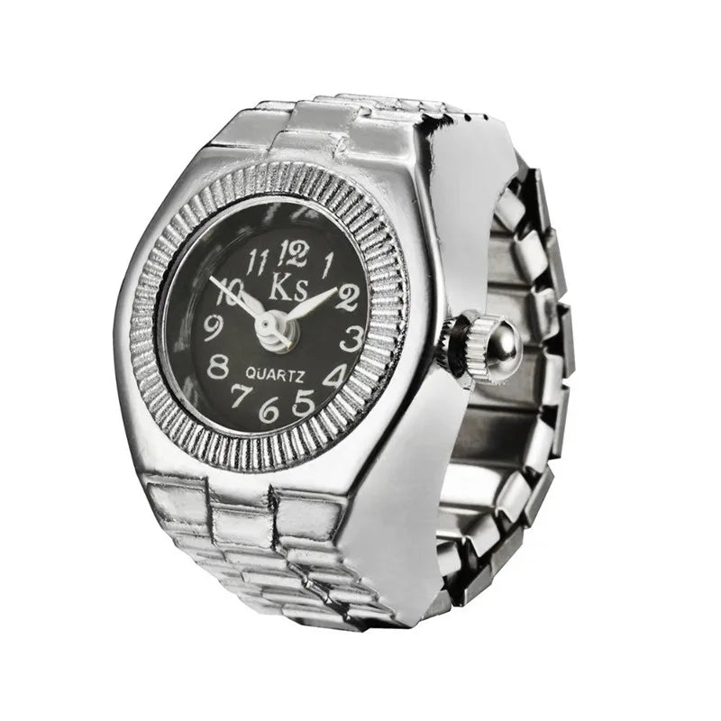 Vintage Punk Finger Watch, Mini Elastic Strap Alloy Watch, Couple Rings, Jewelry Clock, Retro Roman Quartz Watch Rings, For Women, For Men