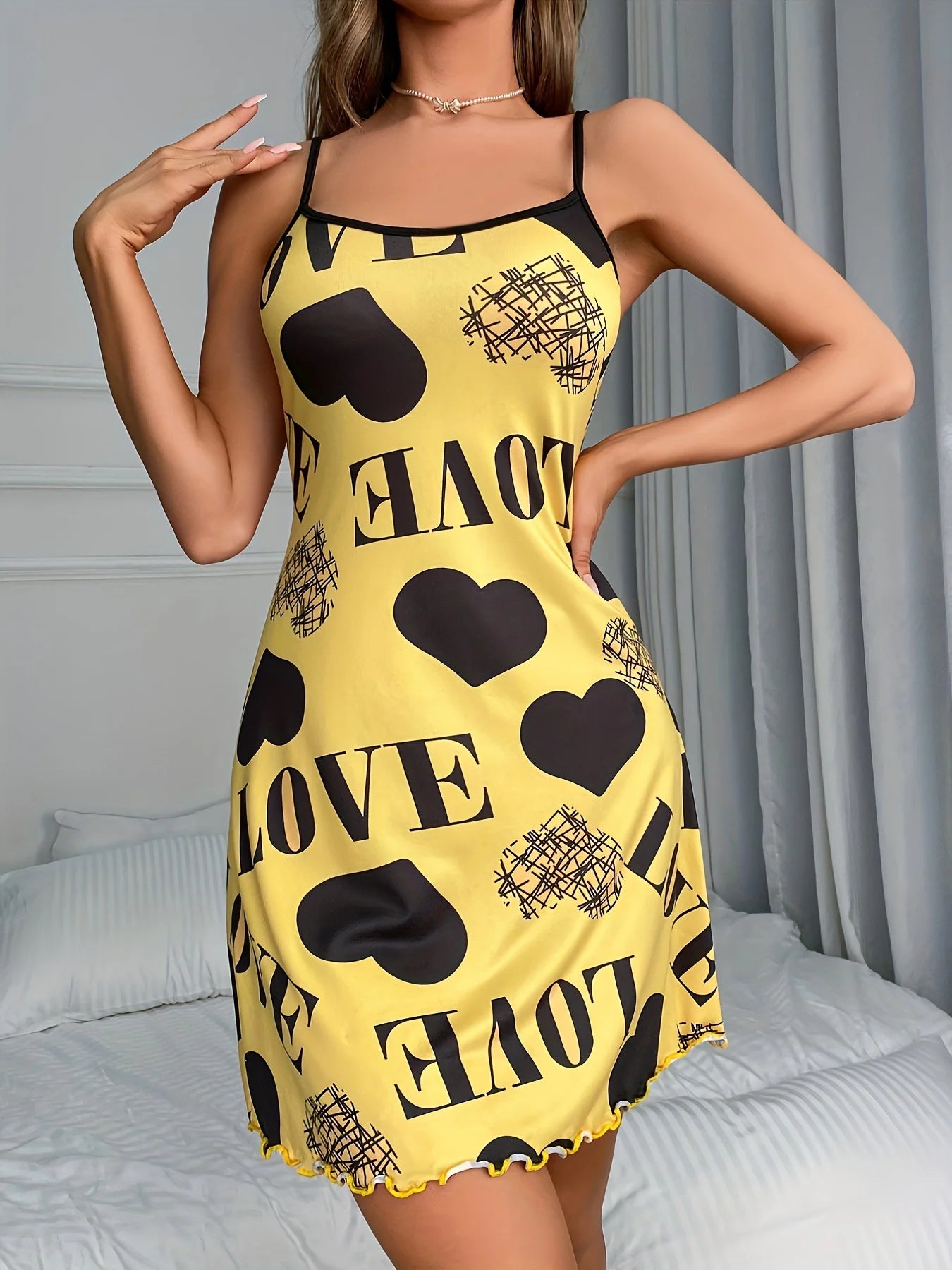 Women Summer Camisole Nightgown, Backless Heart LOVE Print Soft Breathable Sleepwear, Ruffle Hem Round Neck Night Dress