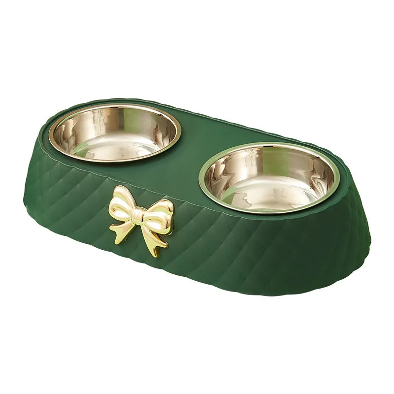 Pet Supplies, Bow-tie Bowknot Cats Food Bowl, PP Base Dog Bowl, Stainless Steel Double Pet Accessories, Feeding Drinking Double Bowl