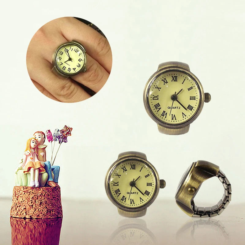 Vintage Punk Finger Watch, Mini Elastic Strap Alloy Watch, Couple Rings, Jewelry Clock, Retro Roman Quartz Watch Rings, For Women, For Men