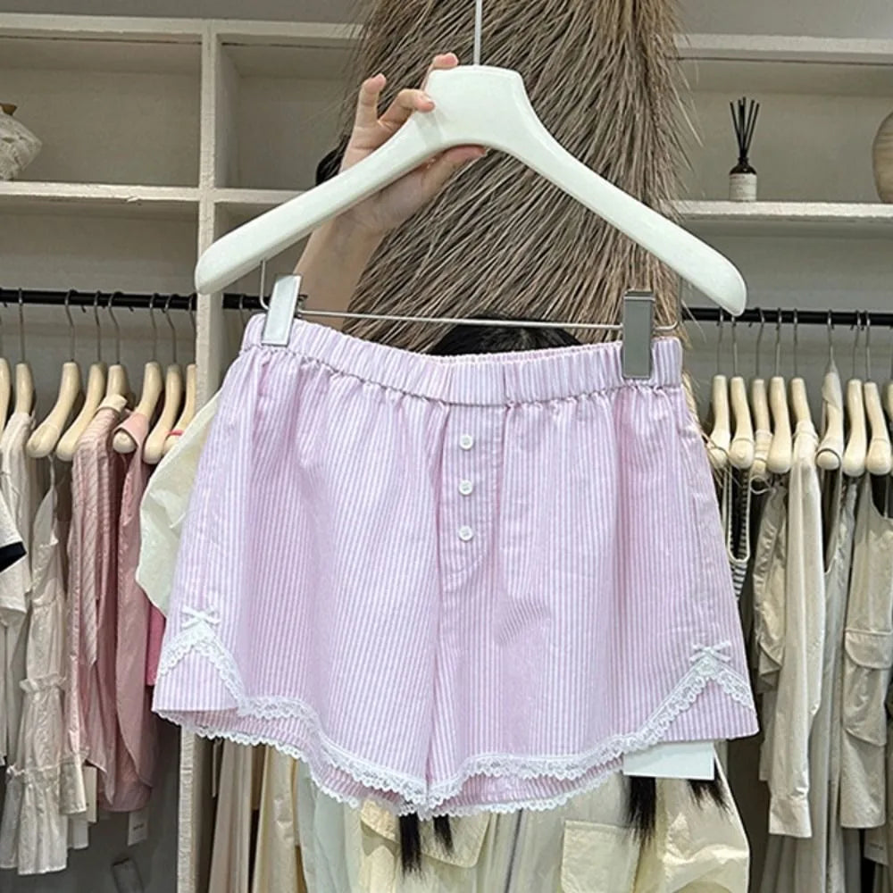 Sexy Cute Summer Striped Shorts, Blue Pink Elastic Waist Shorts, Button Embroidered Lace Shorts, Leggings for Women Girl
