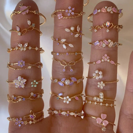 New ins Cute Colorful Zircon Flower Ring For Women Girl Fashion Vintage Zircon Adjustable Rings Jewelry Gift