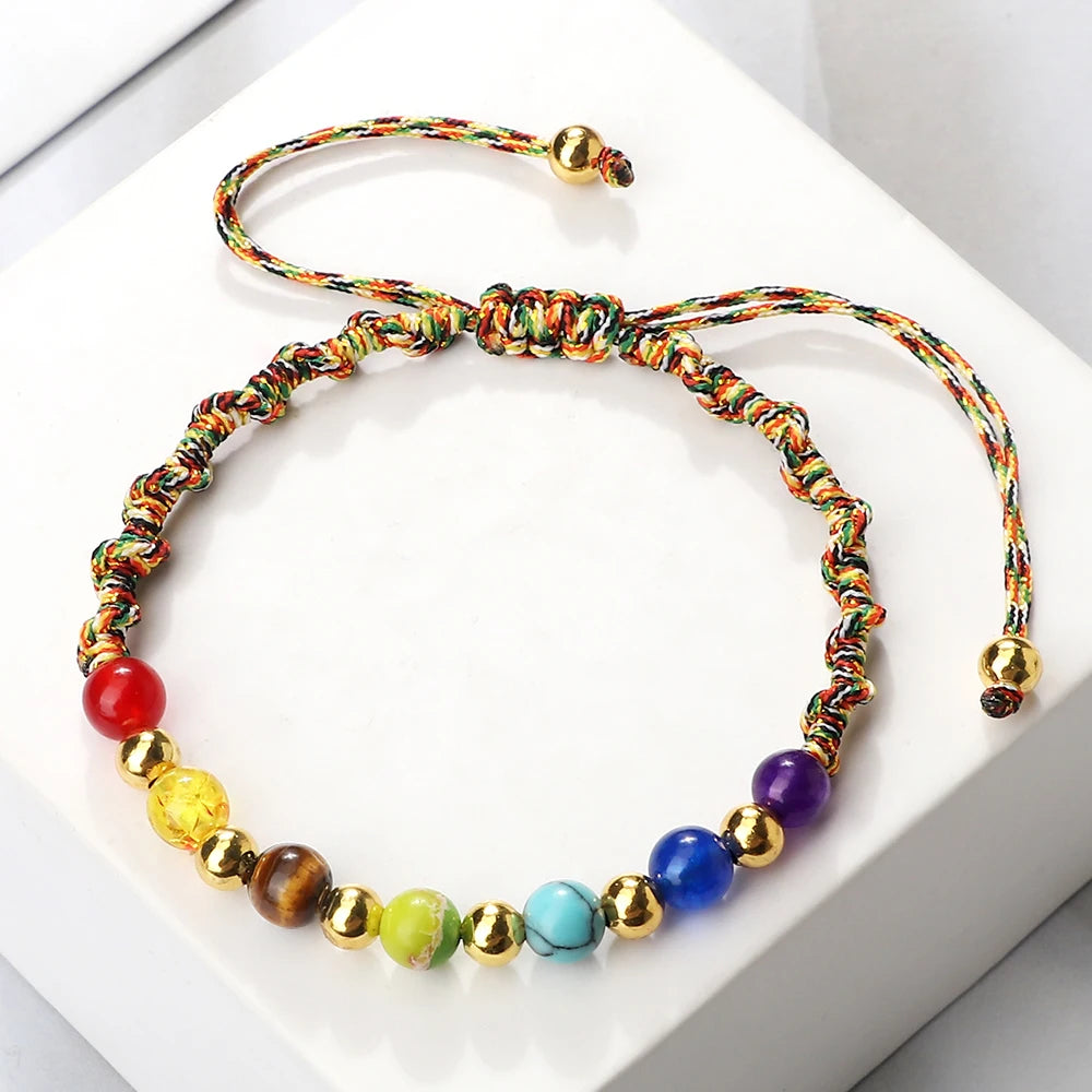 Reiki 7 Chakra Bracelet, Natural Stone Rope, Braided Yoga Healing Gold Color Copper Beads Bracelets & Bangles Meditation Jewelry