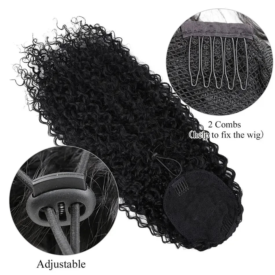 Deep Wave Drawstring Ponytail, Human Hair Ponytails, #1B Natural Black Curly Clip In Hair Extensions For Daily Cosplay, 1 Piece