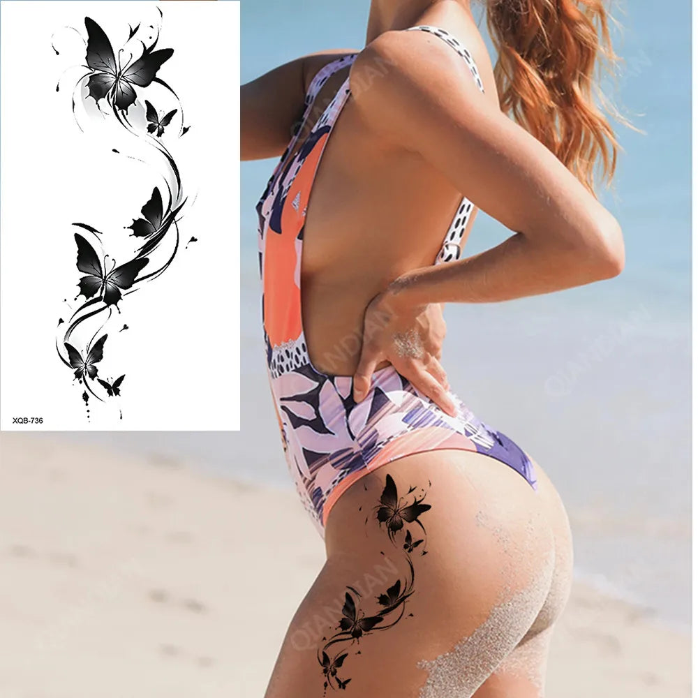 Black Flower Waterproof Temporary Tattoo Sticker, Beauty Butterfly Rose for Women, 3D Flash Body Arm Art Washable Fake Tattoos