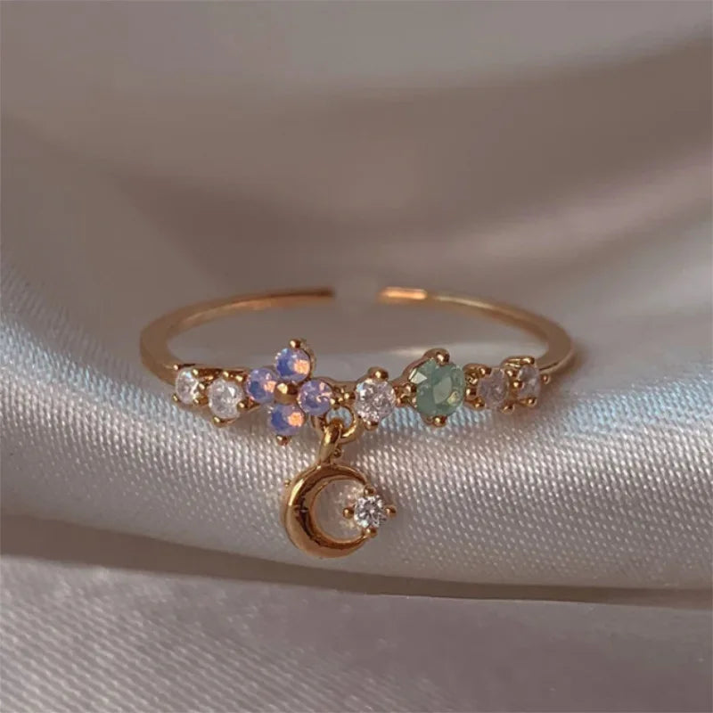 New Cute Colorful Zircon Flower Ring For Women Girl, Fashion Vintage Zircon Adjustable Rings, Jewelry Gift
