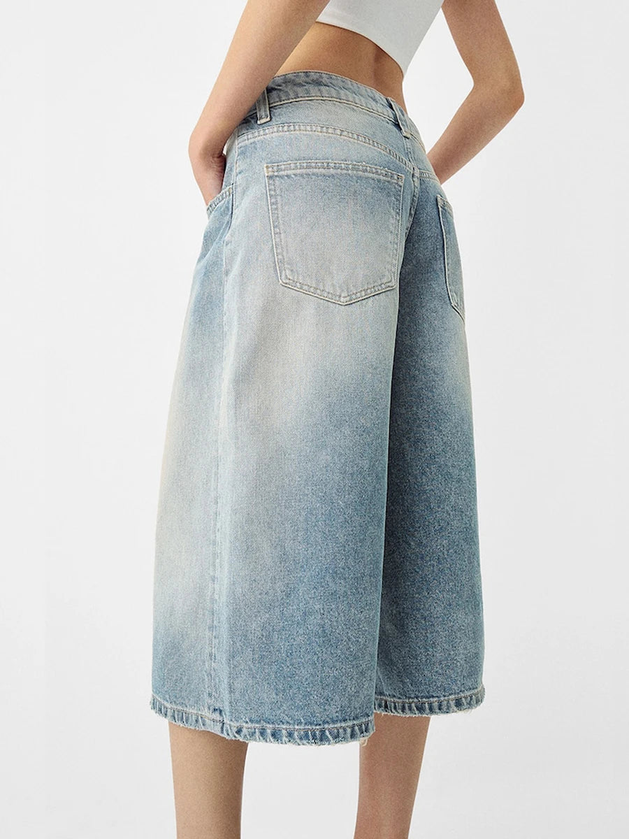 Women's Trendy Knee Length Denim Shorts, Low Waisted Stretchy Bermuda Jean Shorts, Baggy Cargo Jorts Y2K Vintage Streetwear