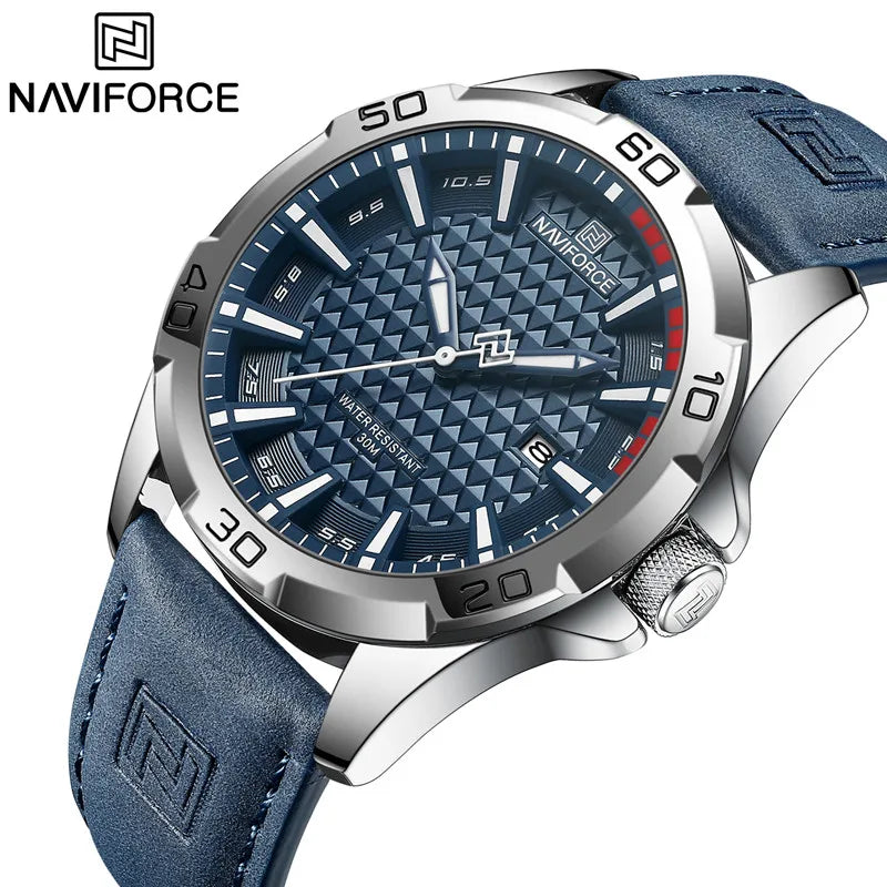 Men Fashion Quartz Watches, Male Leather Strap Sport Waterproof Wristwatches, Calendar Clock, Relogio Masculino, NAVIFORCE