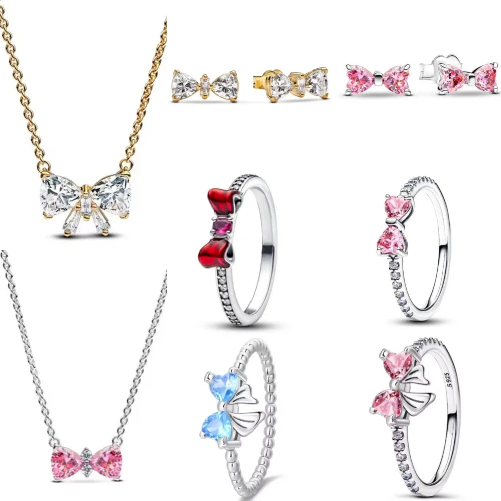 New 925 Silver bow Heart-shaped Ring Necklace, Suitable for Valentine's Day, Holiday Gifts for Women, DIY High-end, Fashion Jewelry