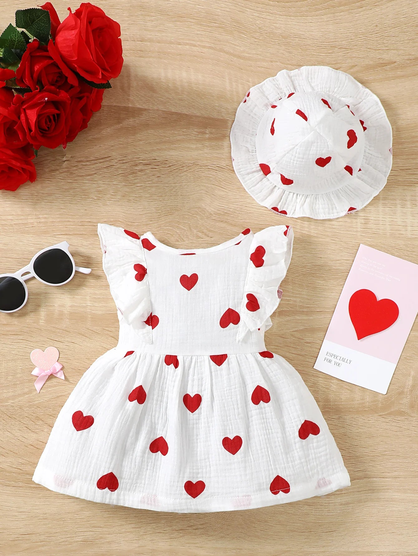 2Pcs, Dress Clothes Set, Newborn Baby Girl Love Print Sleeveless Dress With Hat Summer Fashion Cute Wear for Infant Girl 0-9Months