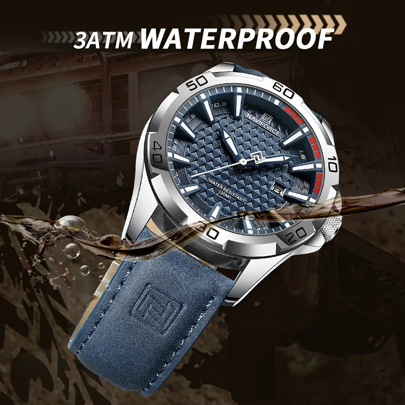 Men Fashion Quartz Watches, Male Leather Strap Sport Waterproof Wristwatches, Calendar Clock, Relogio Masculino, NAVIFORCE