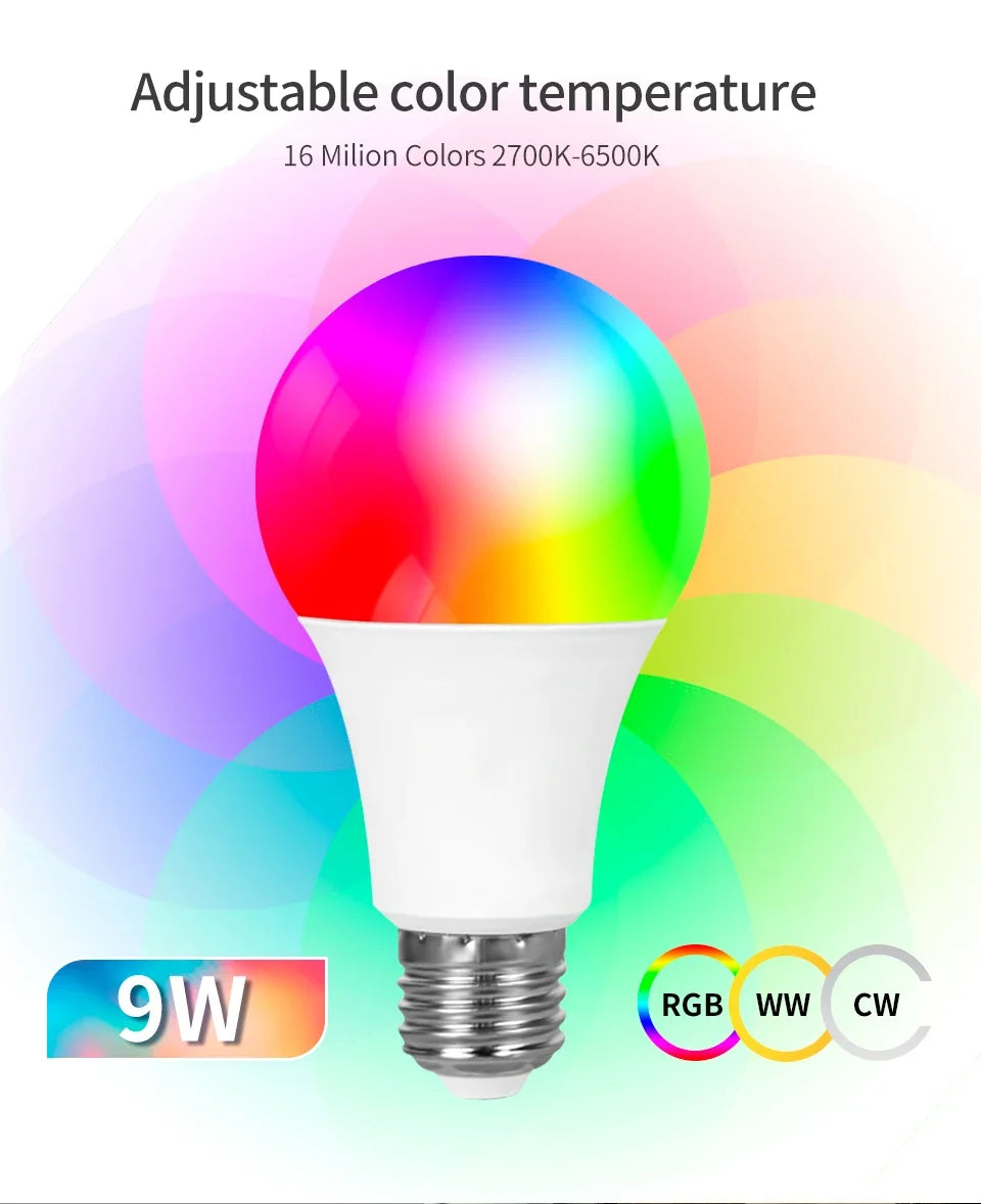 Tuya Smart Bluetooth Bulb E27 220V 9W 15W 18W Color Changing Smart Home RGB Lamp, Smart Life APP Control Dimmable Timer