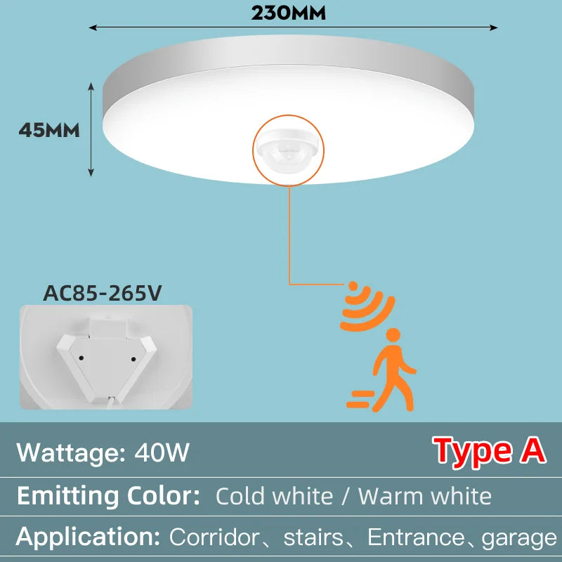Led Ceiling Lamp With Motion Sensor, 40W 30W 20W 18W 15W 12W, Led Ceiling Light Fixtures For Entrance Balcony Corridor 110V 220V
