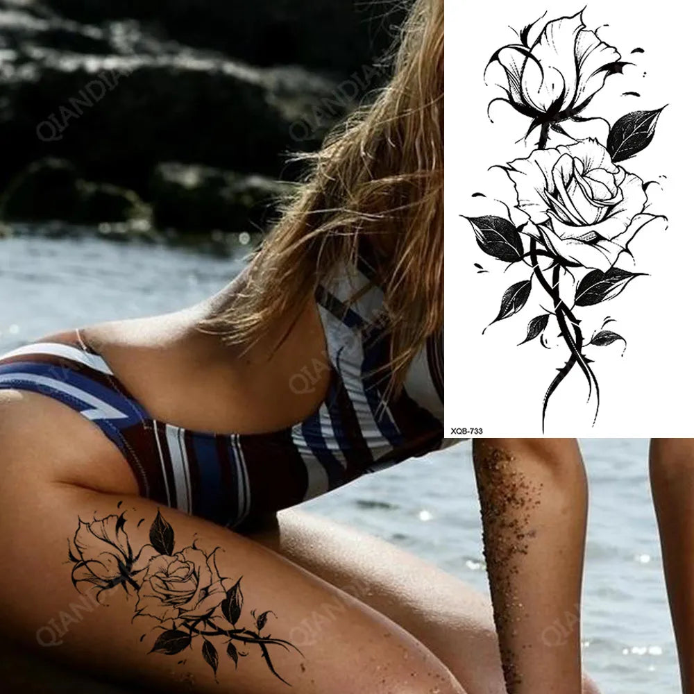 Black Flower Waterproof Temporary Tattoo Sticker, Beauty Butterfly Rose for Women, 3D Flash Body Arm Art Washable Fake Tattoos