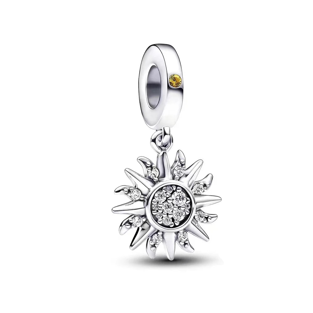 Auténtico Charm de Plata de Ley 925 Colgante Chispeante de Estrella, Luna y Sol, Compatible con Pulseras Originales, Joyería DIY para Mujer, Regalo