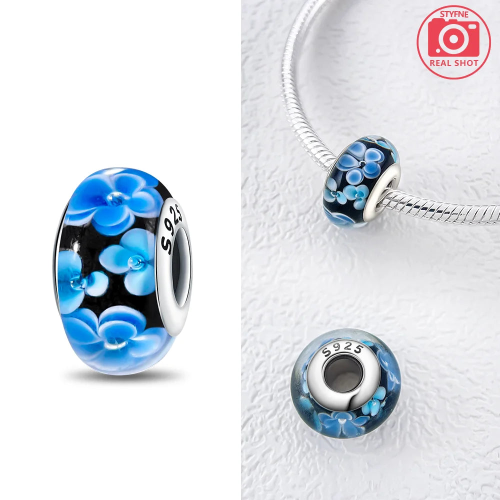 Original Charms Pink Murano Glass Blue Flower Butterfly Beads Fit 925 Silver Bracelet Women Diy Jewelry Gift Accessories