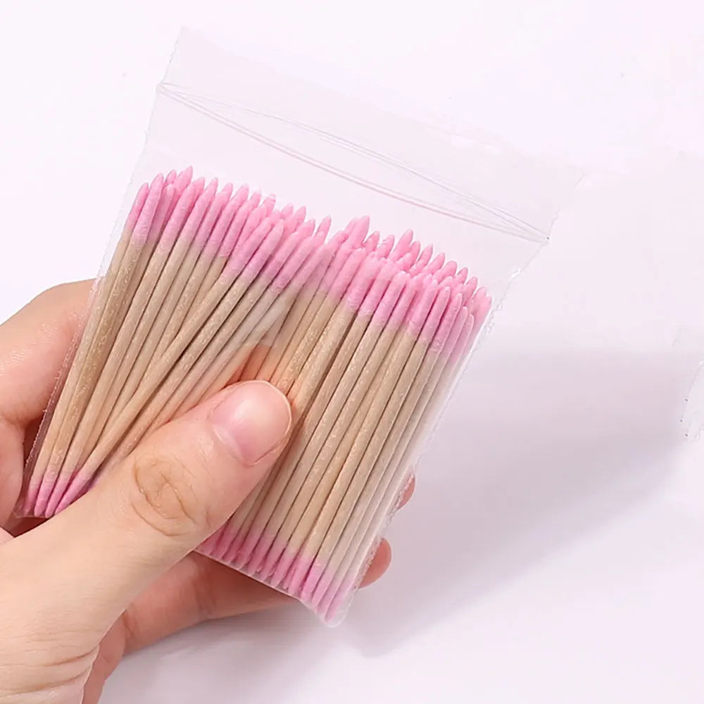 100/200/300/500Pcs Nail Double-Head Wood Swab Cleaning Sticks Pink Dual-Tipped Cotton Head Cleaning Swab Nail Polish Remover 7cm