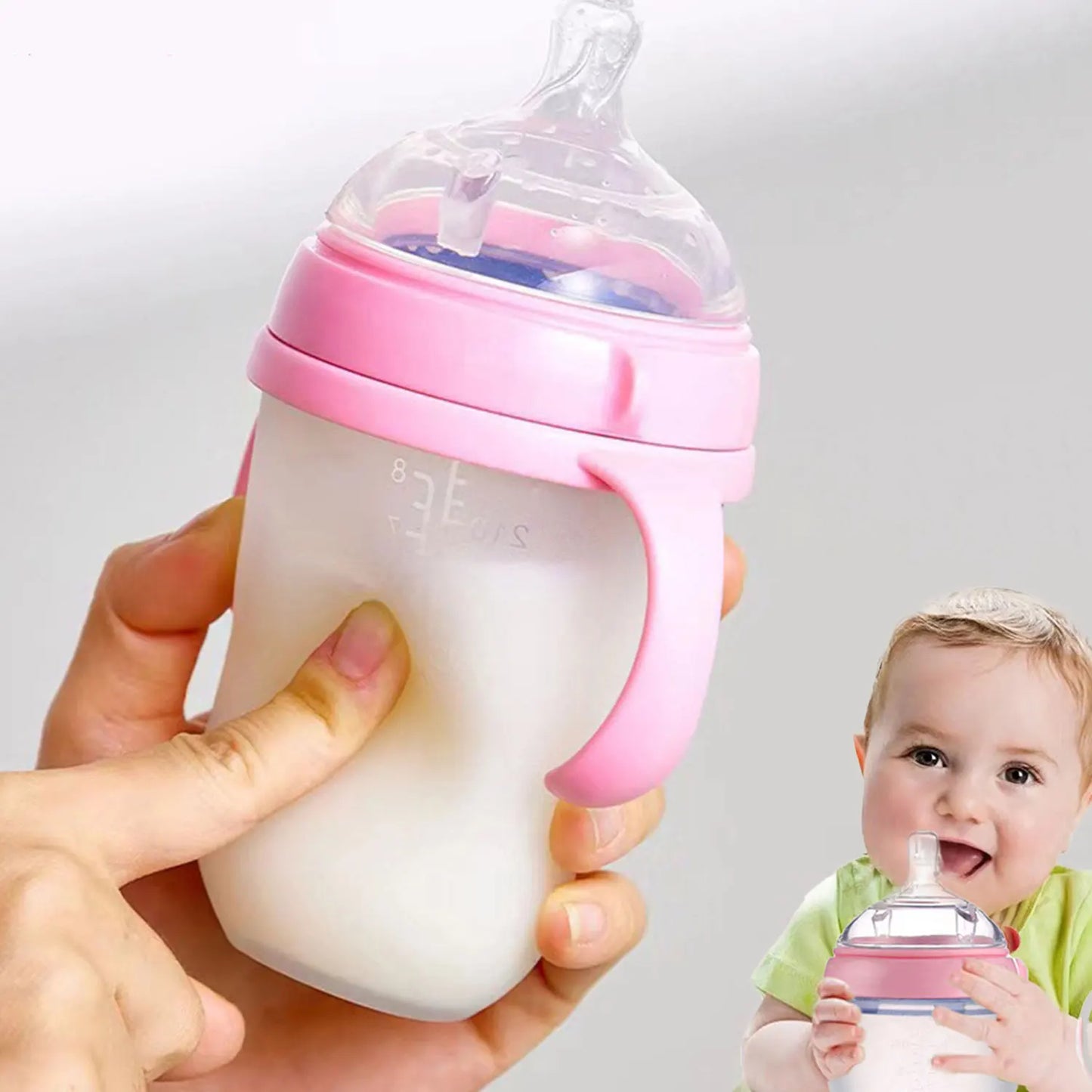New 0-36 months baby nano-silicone bottle, 240ml 150ml Baby Bottle with handle Breastmilk-like design Soft milk pulling
